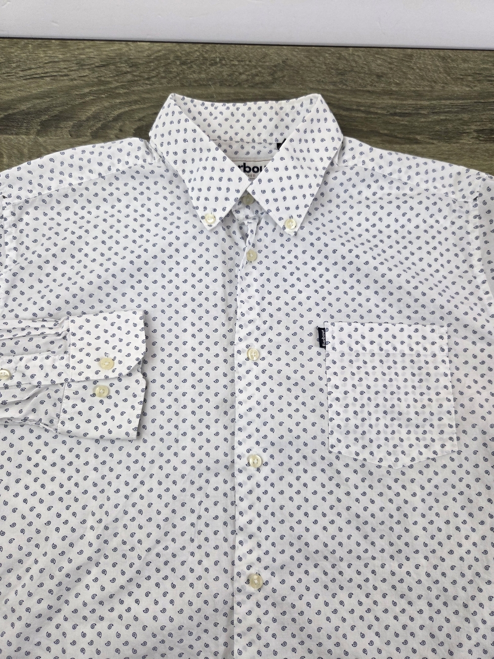 Barbour Curtis Shirt Men's Medium White Long Sleeve Geometric Cotton Preppy
